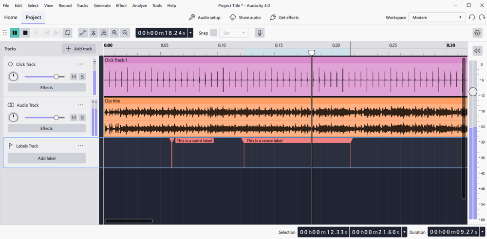 Audacity 4.0 の画面。クリップごとに色付きのヘッダーが並ぶ