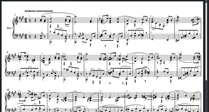 Cubaseのスコアエディター。ピアノの大譜表にAndante teneramenteの楽曲が浄書されている画面