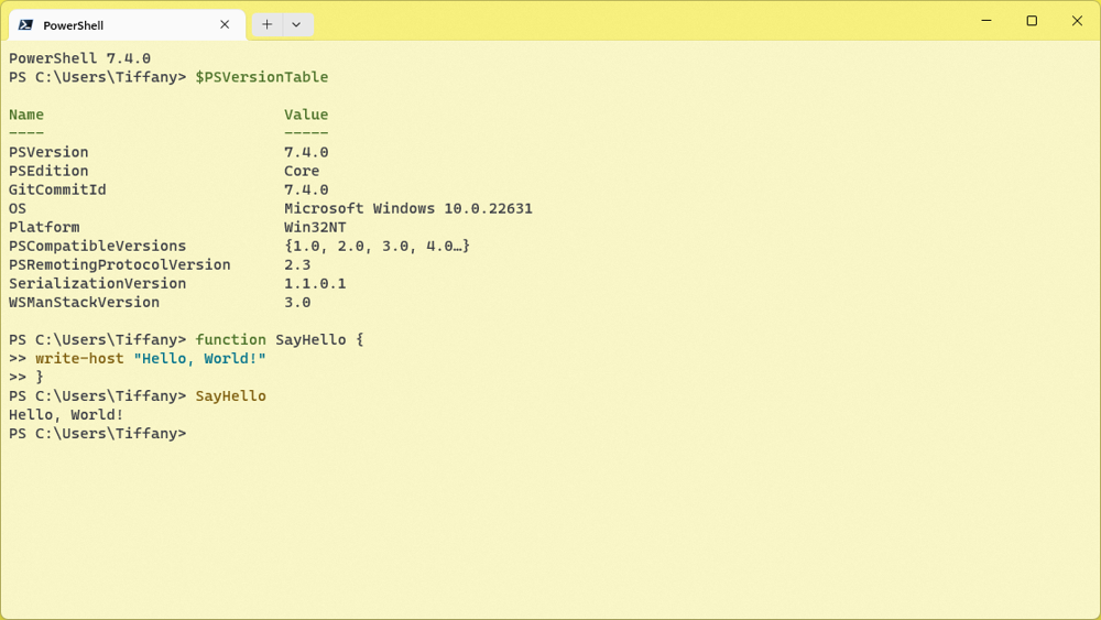 Windows Terminalで動くPowerShell 7.4.0。$PSVersionTableでバージョンとエディションCoreを表示している