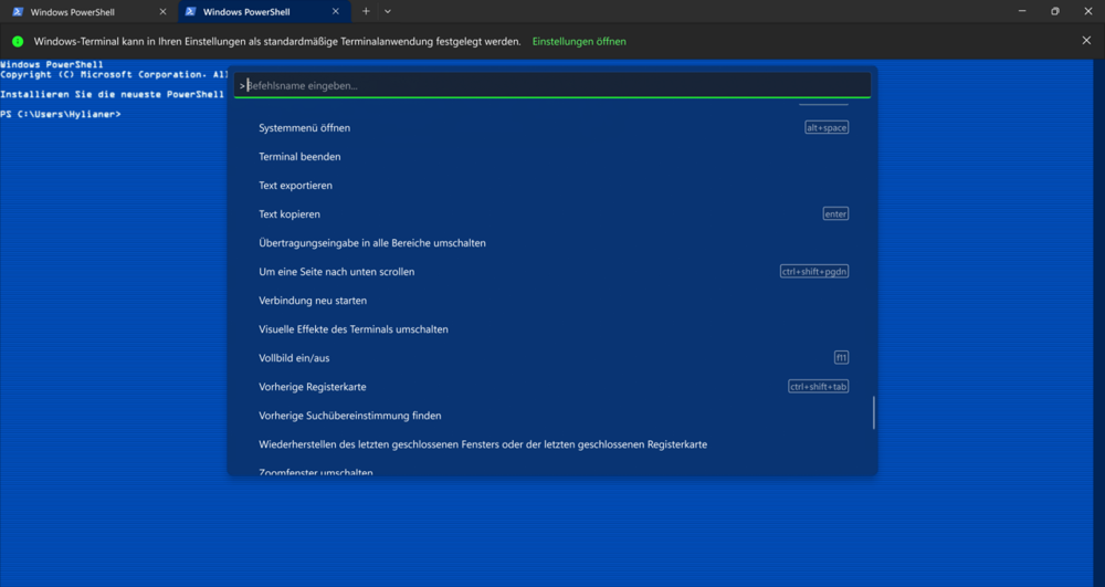 Windows Terminalで開いた青い背景のWindows PowerShellと、コマンドパレットの一覧